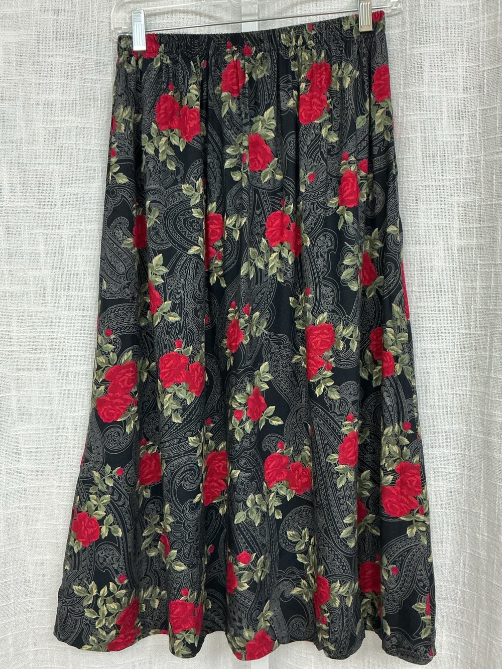 Nikki Black Full Midi Skirt with Red Rose Floral Print
